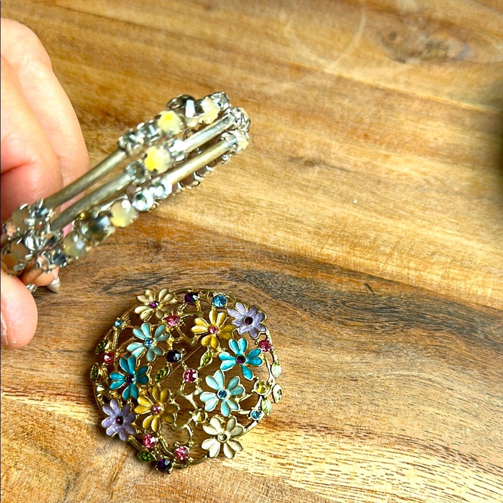 Floral Brooch and Rhinestone Bracelet Set